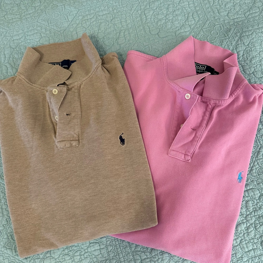 2 RALPH LAUREN POLOS. PINK AND TAN. EXCELLENT CONDITION. NON-SMOKING ENVIRONMEN
